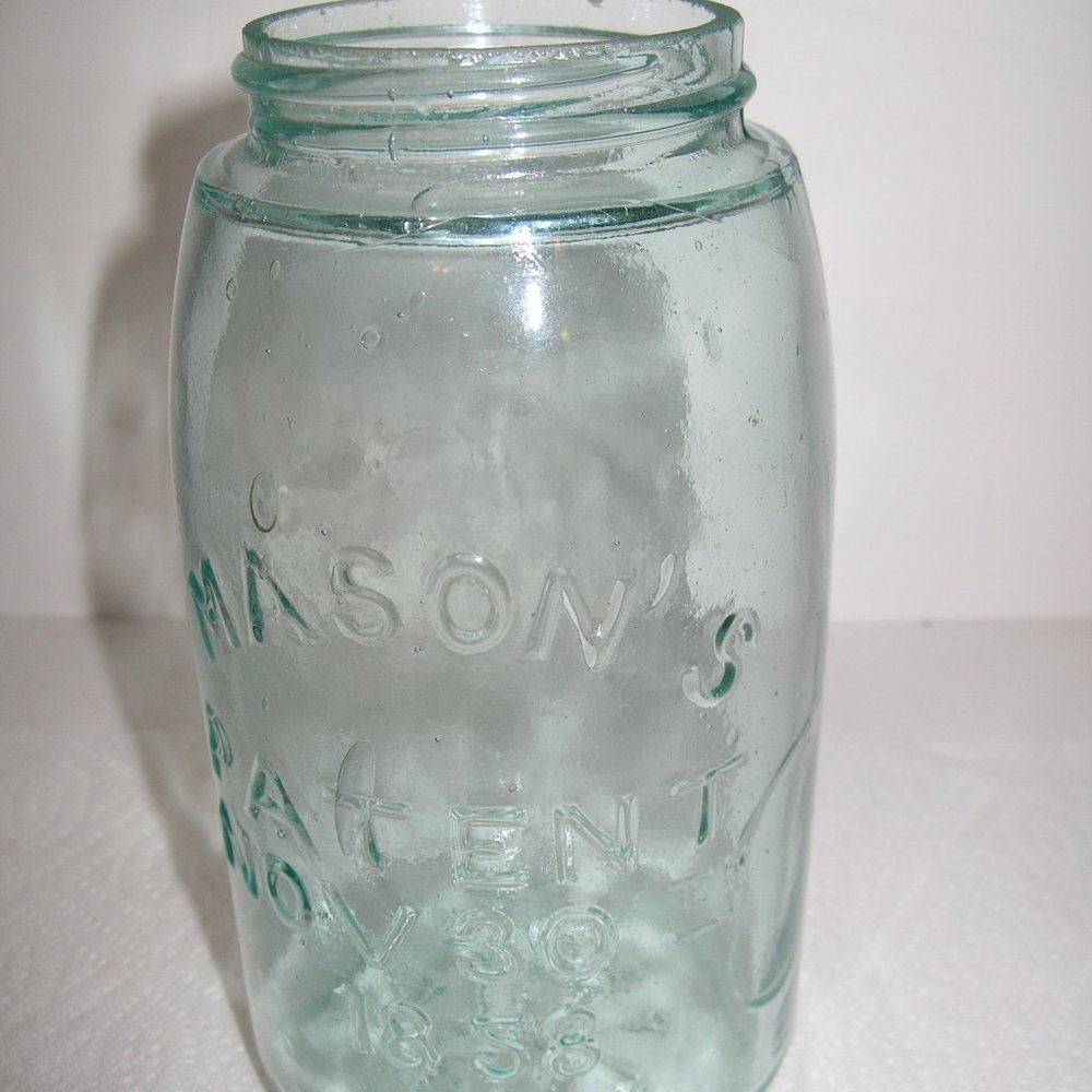 Antique Mason's Patent Nov 30th 1858 QUART JAR Green w/Whittle Marks & Bubbles